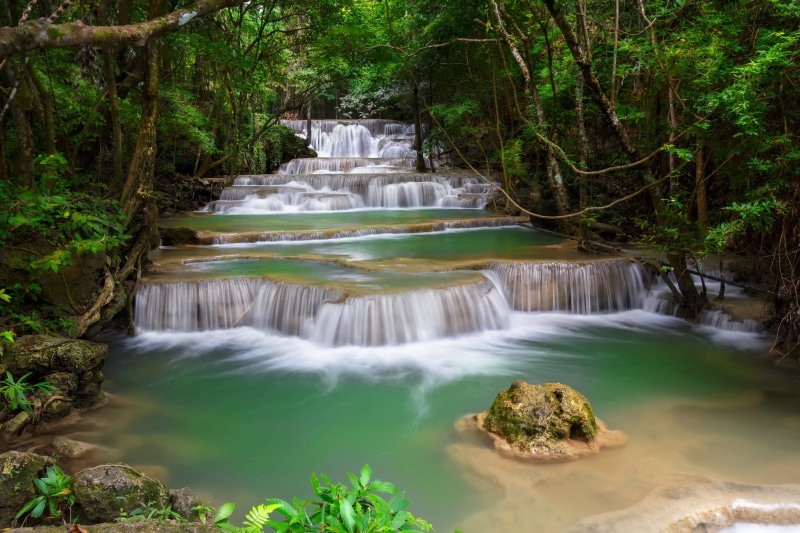 waterfall, rapid, rainforest, thailand, tropical Rainforest, uncultivated, stream, stone, land, plant, falling water, 1080P, trees, liquid, landscape