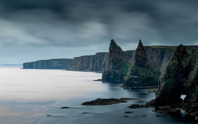 rock formation, cloud - sky, sea, tranquil scene, water, landscape, 1080P, nature, beach, beauty in nature, stack rock, solid, cliff, Duncansby Stacks