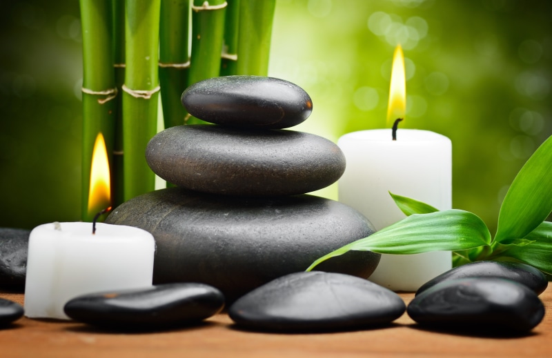 tranquility, candles, leaves, religion, 8K, candle, leaf, solid, marble, zen-like, plant part, white, stone - object, Spa stones, nature, wellbeing, burning