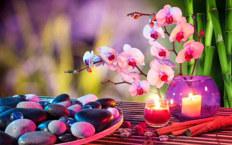 2K, candles, bokeh, towels, Stones, orchids, mood, bamboo, heart