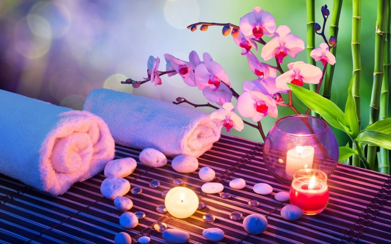 flower head, purple, orchids, flame, towels, bamboo, 2K, burning, day, outdoors, hand, flowering plant, plant, beauty in nature, nature, candles, Stones