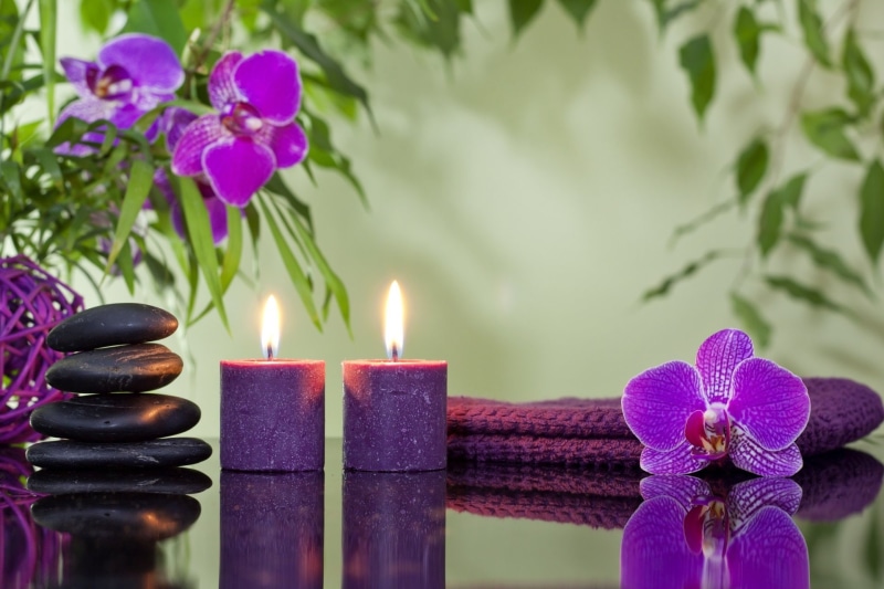 Man Made, Candle, Reflection, Stone, Spa, 1080P, Orchid, Flower