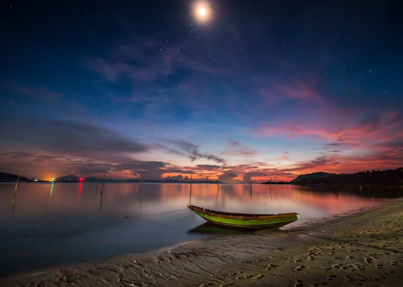 dusk, nautical Vessel, seashore, sky, landscape, canon, water, travel, beach, night, paradise, island, boat, Under the stars, fun, samui, outdoors, reflection