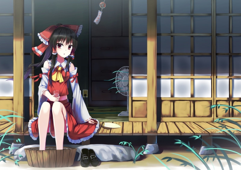lifestyles, Hakurei Reimu, front view, Touhou, anime girls, outdoors, anime, 2K, looking away, real people, representation, art and craft, built structure