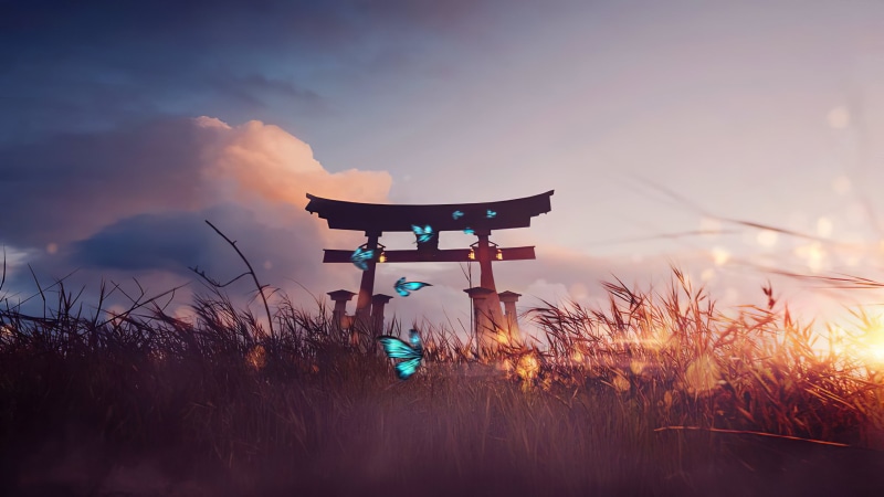 torii, landscape, zen, clouds, 2K, butterflies