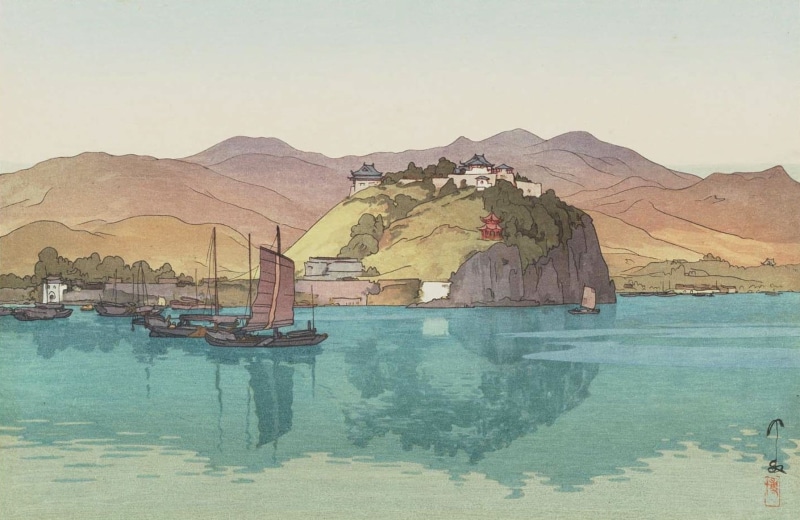 mountains, water, artwork, 720P, Yoshida Hiroshi, painting, boat, Japanese