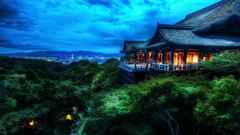 1080P, clouds, house, trees, nature, Kyoto, forest, kiyomizudera, night, Japan