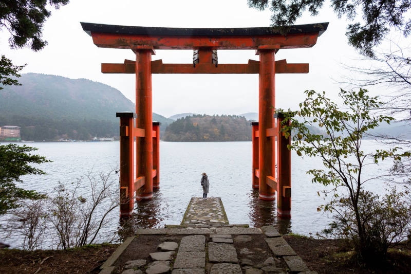 spirituality, water, mountain, shrine, scenics - nature, orange, tree, japan, plant, architecture, tranquility, belief, real people, built structure, 5K