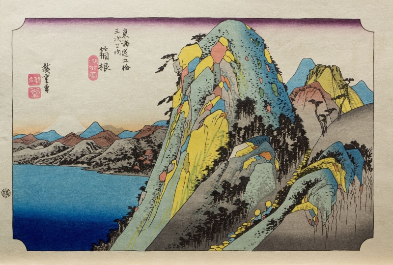 colorful, lake, cliff, woodblock print, Japanese Art, Utagawa Hiroshige, trees, mountains, Hakone, 1080P, landscape, Traditional Artwork