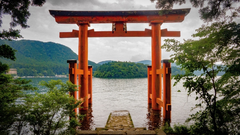 80-1 motohakone, shrine, spirituality, sky, lake, architectural column, nature, plant, tree, japan, outdoors, built structure, no people, place of worship