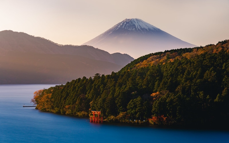 Fuji, lake, mountain, Kanagawa, Lake ASHI, forest, 1080P, Japan, torii, the volcano, Hakone, Mount Fuji