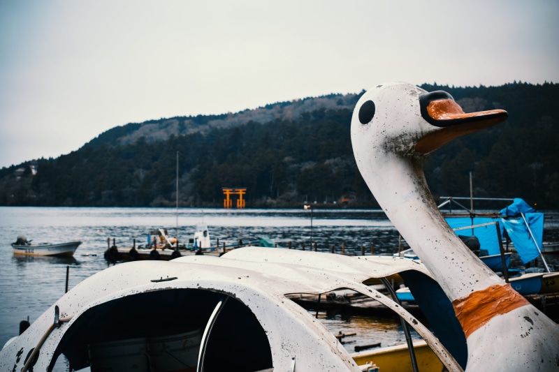 temple, wood - material, mode of transportation, swan, peir, hakone, sea, japan, 4K, no people, boat, nautical vessel, mountain, pier, transportation