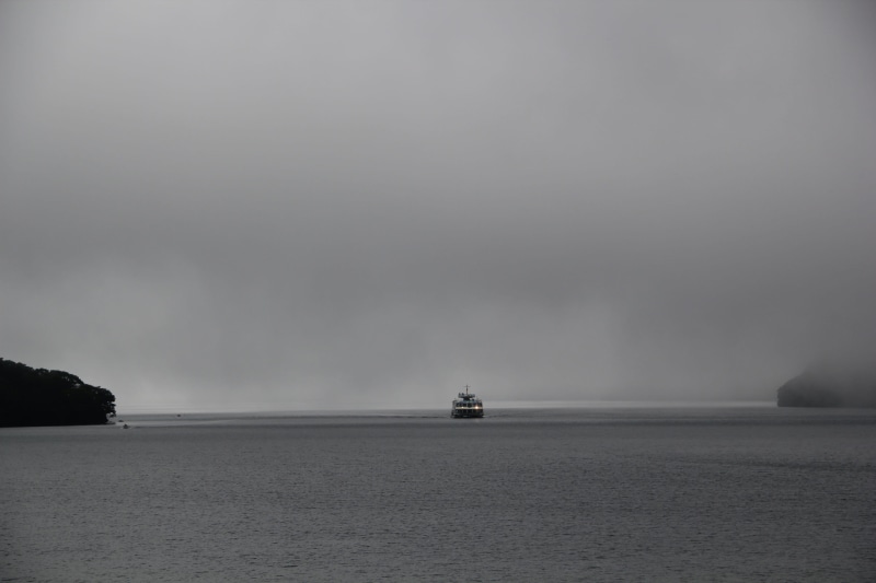 japan, fog, sea, day, landscape, sailing, beauty in nature, mist, ship, no people, cruise ship, mode of transportation, ashinoko lake, lonely, tranquil scene