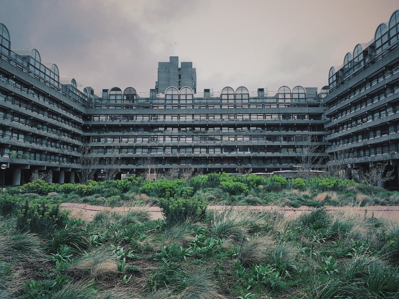 campus, barbican, nature, office building, sky, growth, architecture, tree, town, high rise, apartment, low angle view, day, building exterior, grass, london