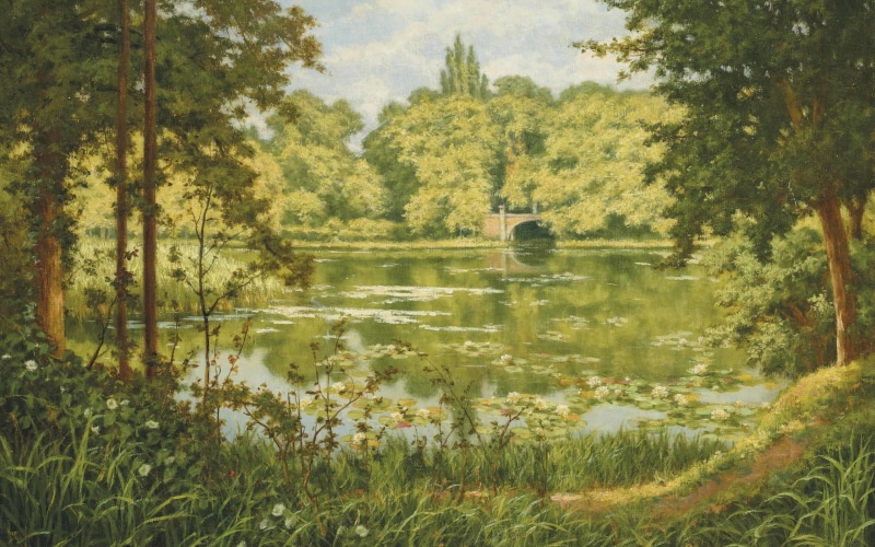 French painter, A woodland lake, Forest lake, 2K, Henri Biva, Henri Biwa
