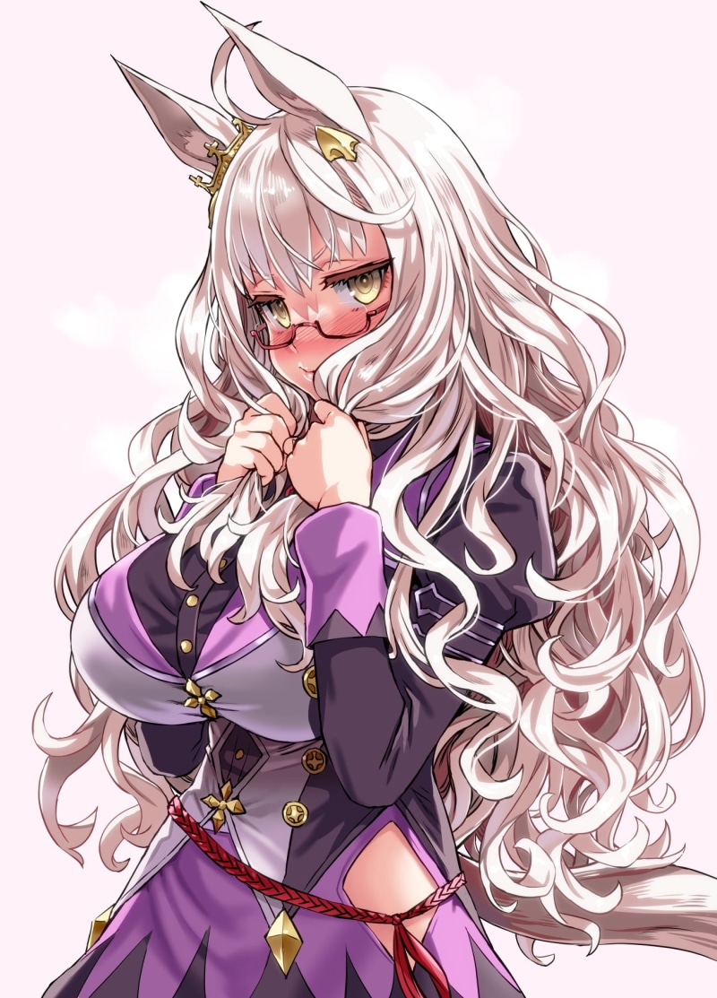 big boobs, asanagi, ahoge, standing, long sleeves, bangs, meganekko, long hair, holding hair, vertical, Biwa Hayahide (Uma Musume), purple dress, 720P