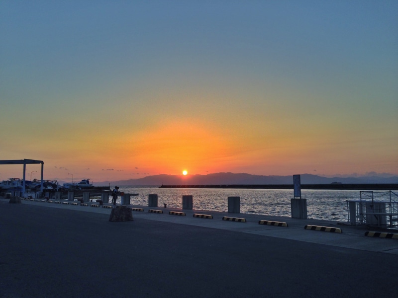 incidental people, promenade, japan, tranquility, harbour, sunset, architecture, horizon over water, landscape, land, sea, lake, biwa lake, biwako, scenics - nature