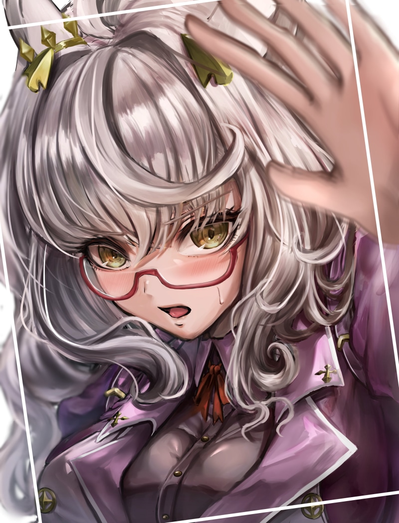 yellow eyes, bangs, fan art, anime, open mouth, animal ears, purple clothing, Biwa Hayahide (Uma Musume), meganekko, bursting breasts, long hair, looking at viewer