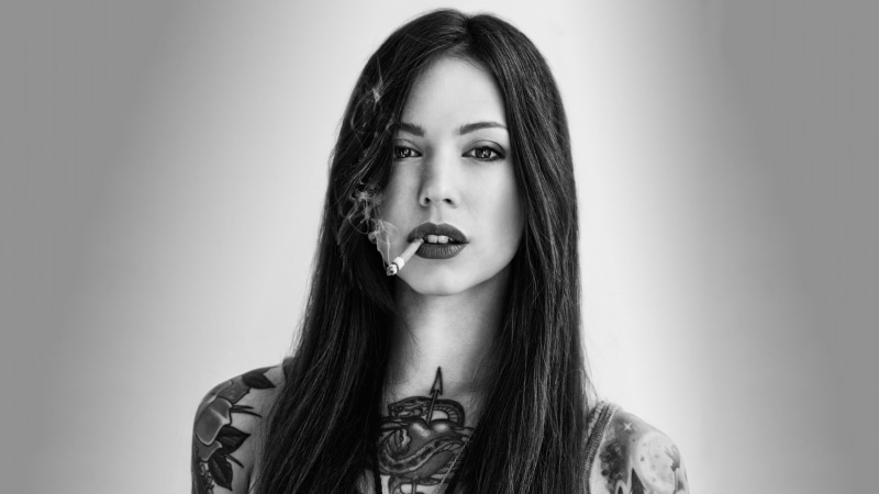 woman, b w, brunette, 1080P, cigarette, smoking, s, face, tattoo