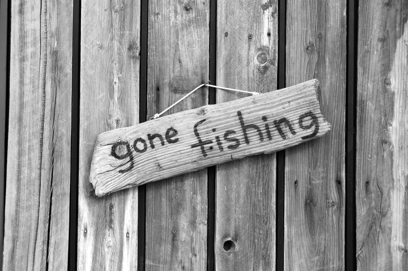 communication, information sign, fishing, pioneertown, old, day, message, gone fishing, outdoors, close-up, plank, closed, safety, wood - material, black and white
