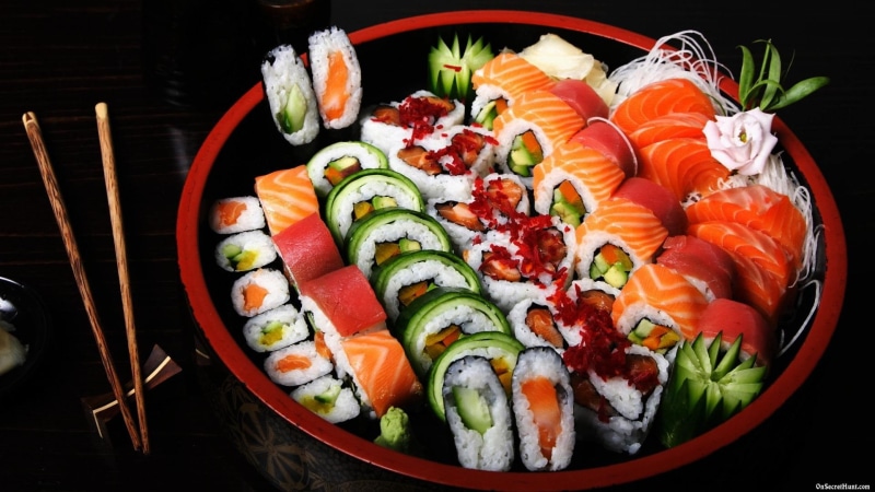 comida, cuenco, plate, close-up, asian food, black background, healthy eating, freshness, food and drink, rice, japon, sashimi, vegetable, indoors, 1080P