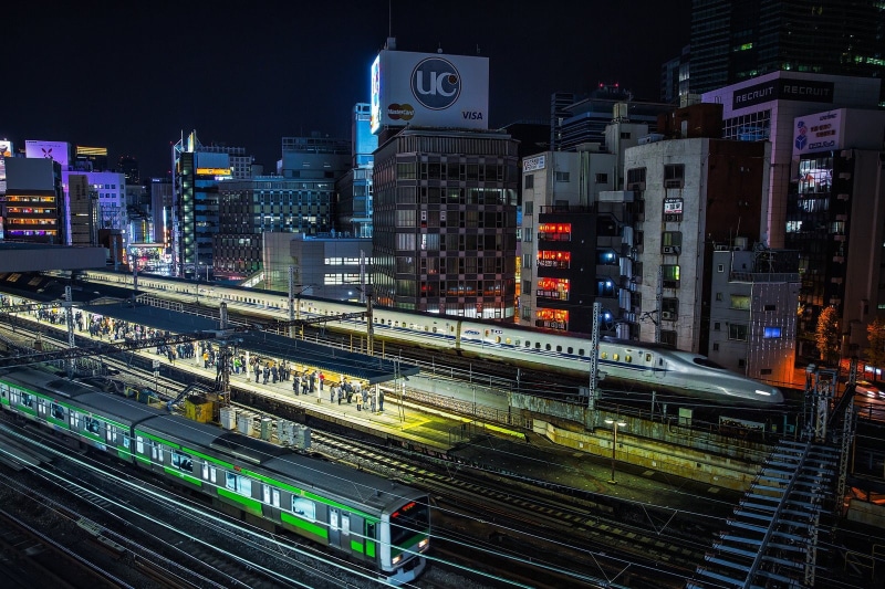 japon, way, cities, towers, train, japan, night, rail, architecture, panorama, tower, bridges, building, monuments, tokyo, light, panoramic, rivers, ray