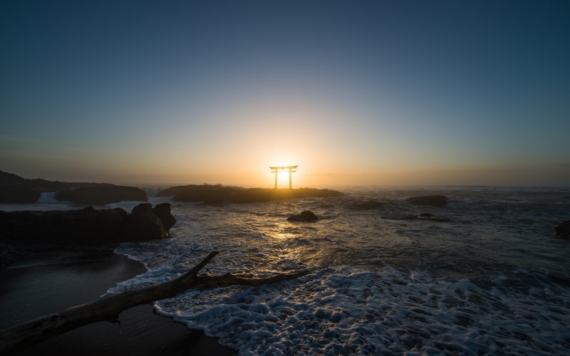 shrine, beach, sunlight, 1080P, hd, ocean, itsukushima, arch, nature, sunset