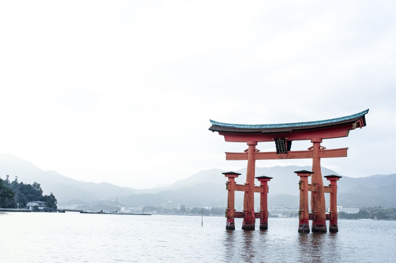 sky, waves, religion, tranquility, spirituality, arch, mountain range, 8K, view, mountain, wooden, itsukushima shrine, day, arc, tourism, built structure
