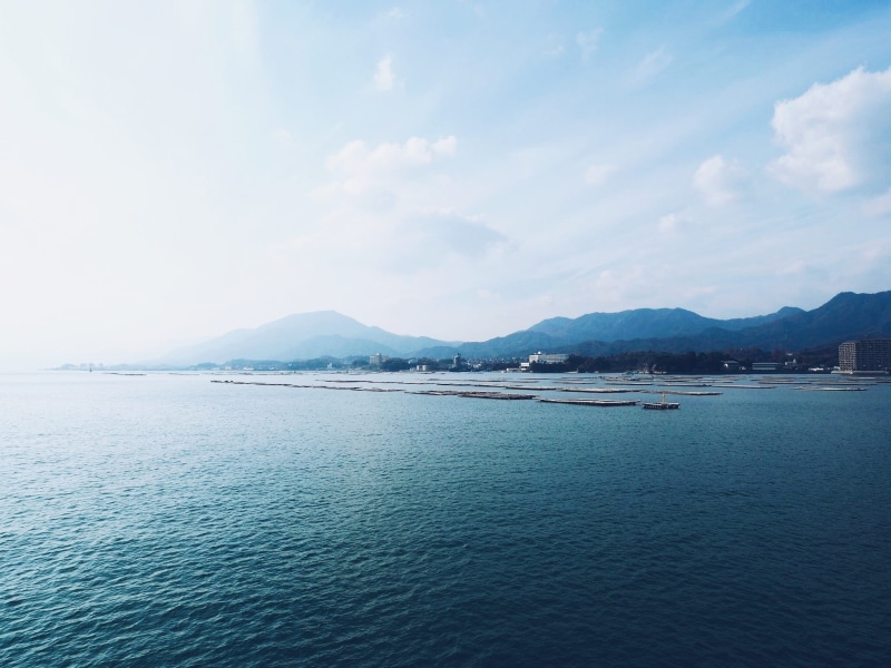 1080P, turquoise colored, scenics - nature, sea, remote, mountains, beauty in nature, tranquil scene, water, cloud - sky, itsukushima, non-urban scene