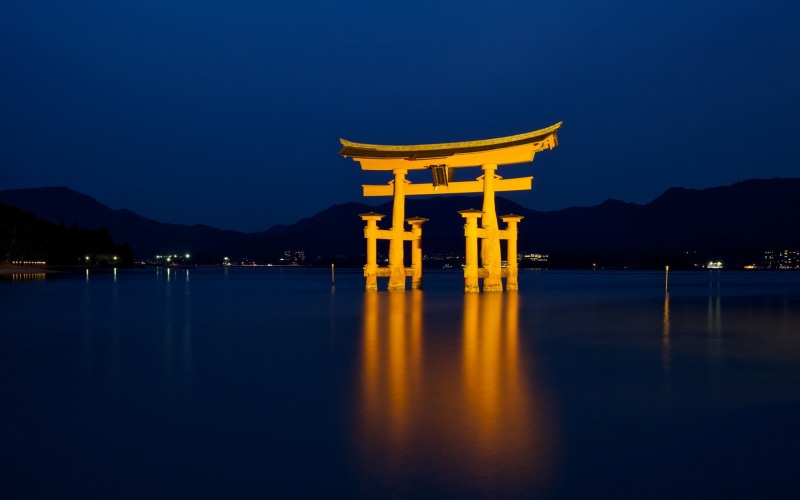 architecture, blue, shrine, reflection, mountain, illuminated, waterfront, travel, tourism, hd, built structure, dusk, belief, travel destinations, nature