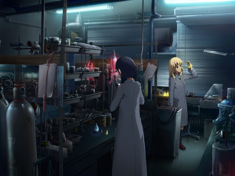 girls, scenic, indoors, hot, art, ani, hair, coat, chemist, 720P, gray, eyes, dark, chemistry, long, two, blondes, room, anime, hd, short