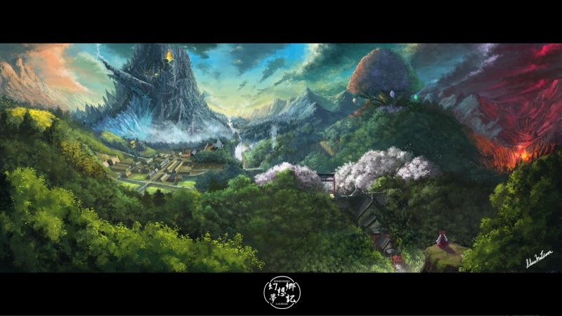 games, forests, 1080P, cherry, scenic, video, shrine, nature, landscapes, blossoms, hakur, Video Games, clouds, miko, art, hd, forest, touhou, trees, mountains