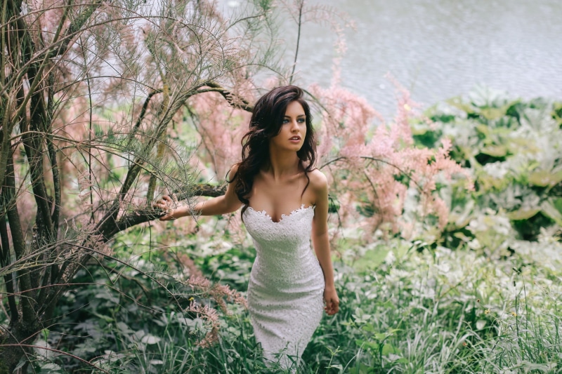 away, white, dress, white dress, blue, blue eyes, eyes, long, hair, bokeh, look away, women, trees, flowers, brunettes, 1080P, look, 2048x1365, long hair