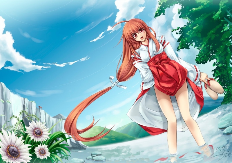 Clouds, miko, 720P, hair, brown, flowers, anime, japanese, sora, akira, clothes, long, art, yosuga, eyes, girls, red, hd, water, wet