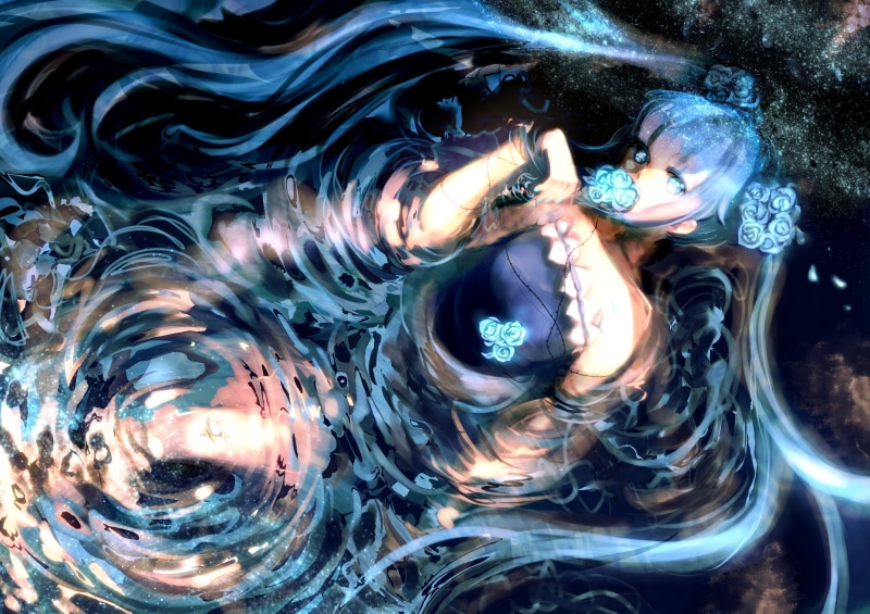 dress, flowers, eyes, twintails, art, hd, miku, hatsune, vocaloid, dark, blue, hair, long, 2K, ro, water, nature