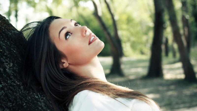 women outdoors, s, looking, model, looking up, lorena, 1080P, hair, long, wood, face, women, trees, outdoors, bokeh, white, dress, garcia, long hair, lorena
