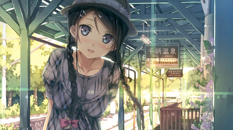 sunlight, art, Dress, hair, Trees, bows, station, nature, open, mout, scenic, japanese, plants, 4K, blush, hd, buildings, flowers, long
