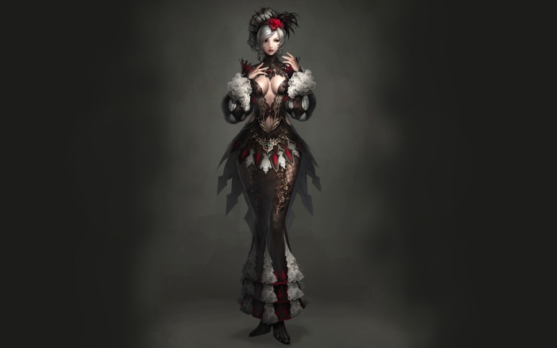 dress, dark, abstract, cleavage, long, Video Games, gray, 2K, eyes, fantasy, curly, hd, women, mmorpg, video, brown, art, games, black, hair