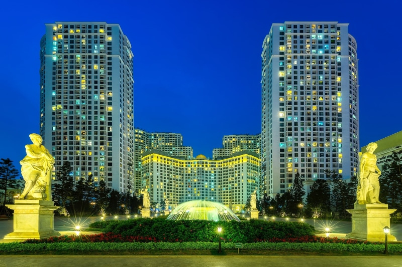 building exterior, blue, vietnam, 1080P, water, statues, office, fountain, skyline, plant, buildings, green, travel destinations, office building exterior