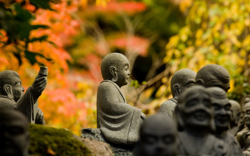 fall, statues, temple, miyajima, hiroshima, japan, religion, buddha, zen, nyorais, disciples, 1080P, photography, shaka, leaves, autumn, garden