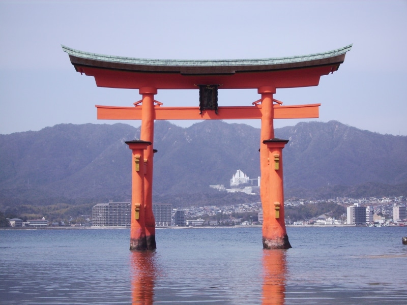 no people, travel destinations, landscape, torii, architecture, mountain, mountain range, travel, nature, island, miyajima, building exterior, red, sky