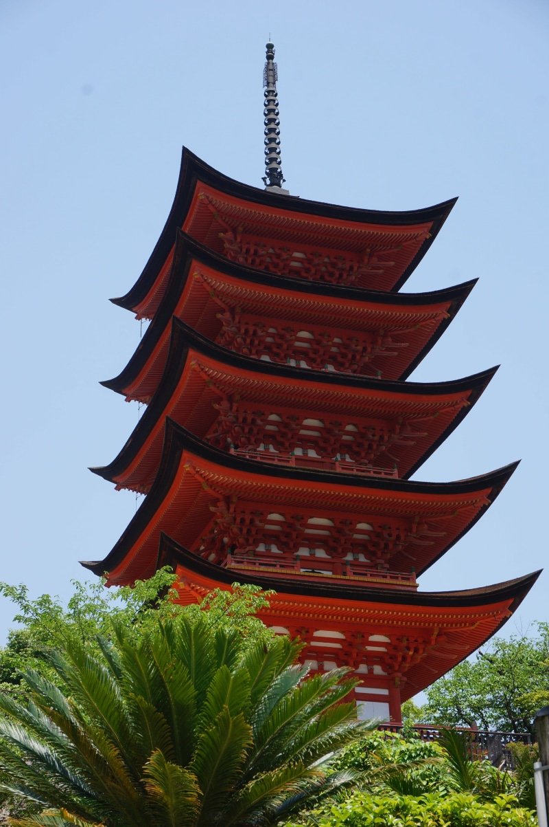 place of worship, five story pagoda, tree, japan, tropical climate, built structure, belief, sky, plant, hiroshima, tower, low angle view, religion, building