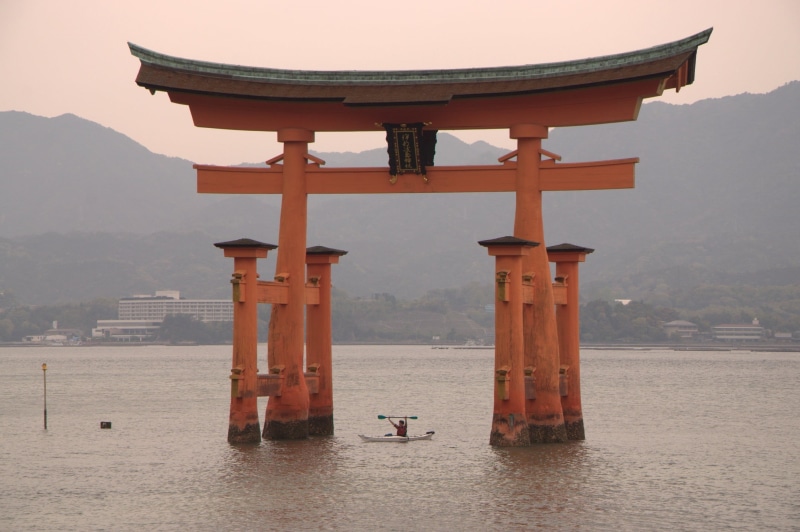 japan, waterfront, day, kayak, place of worship, architecture, belief, miyajima, shrine, building exterior, water, built structure, island, travel, building