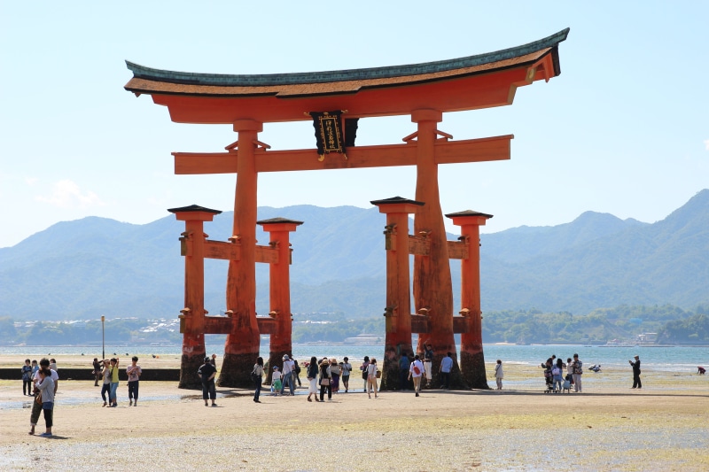 visit, group of people, travel destinations, sea, near, temple, group, traditional, crowd, building exterior, people, asian red gate, miyajima, walking