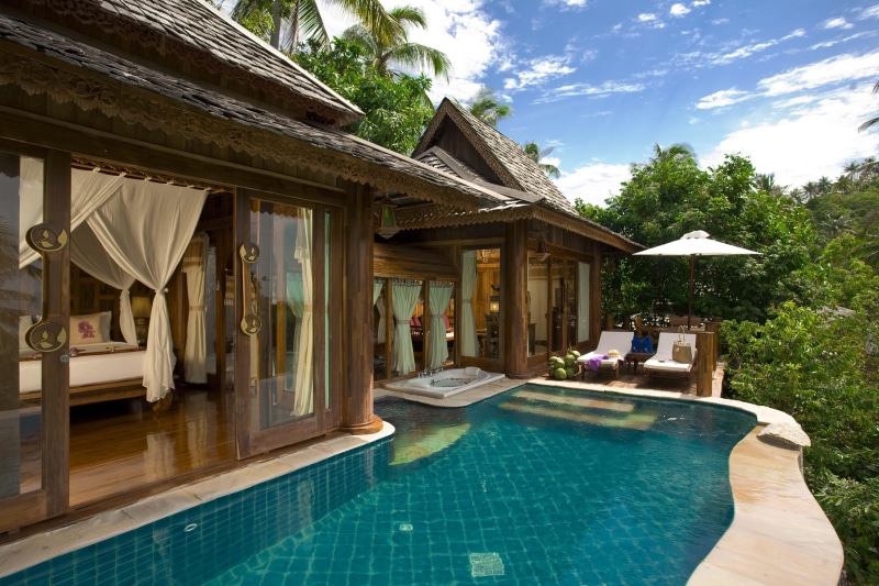 door, swimming, islands, view, brown, 4K, luxury, ocean, flowers, wooden, beach, blue, island, glass, framed, sea, pool, tropical, jacuzzi, hot-tub, villa