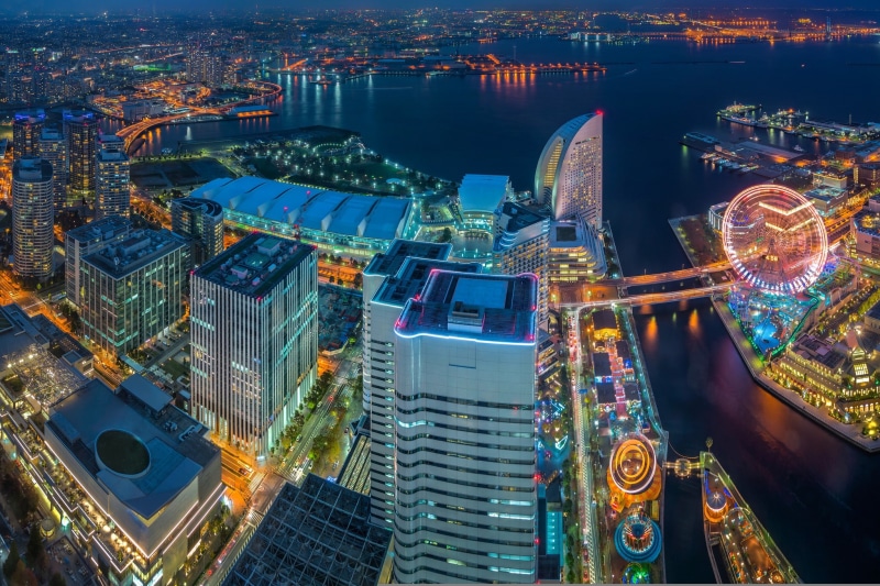 Minato Mirai 21, mirai, skyscrapers, Yokohama, Japan, panorama, bay, Tokyo Bay night city, 1080P, buildings, minato