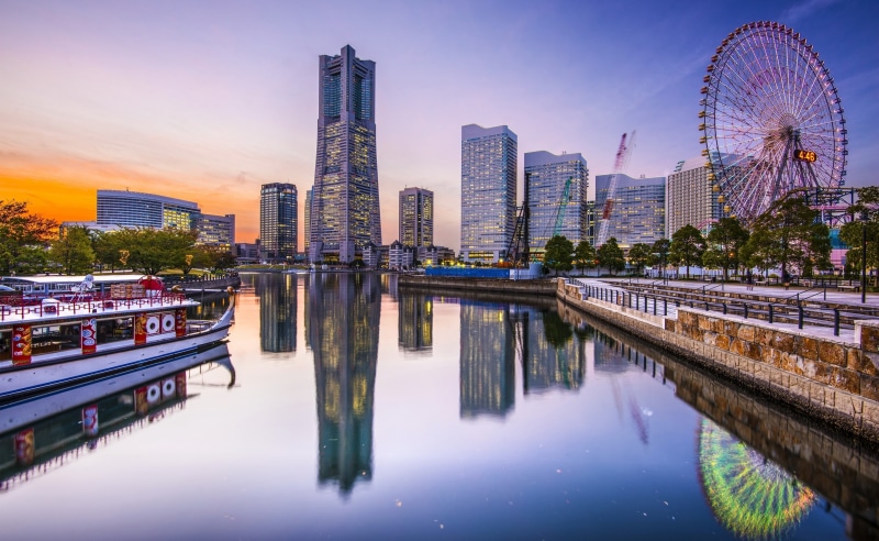 dusk, building exterior, rise, tall - high, office building exterior, mirai, water, minato, building, financial district, 2K, illuminated, cityscape, reflection