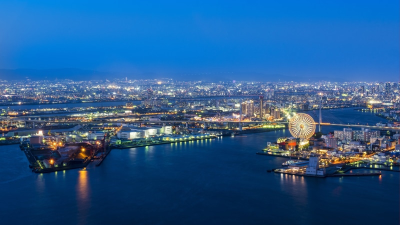 boat, night time, aerial, travel destinations, high angle view, evening, sea, cargo, building, London Eye, aerial photo, osaka, skyline, city, osaka port