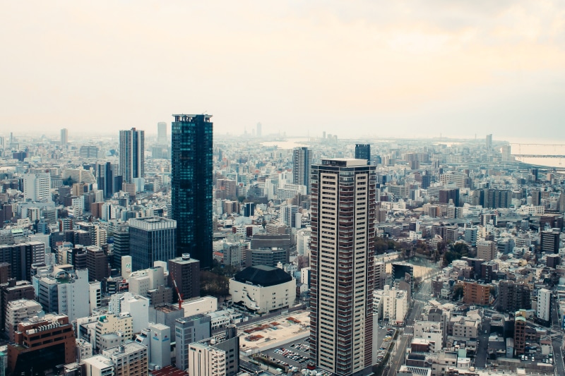 scene, umeda, aerial, high angle view, crowded, outdoors, osaka, futuristic, skyline, residential district, city life, crowd, landmark, built structure