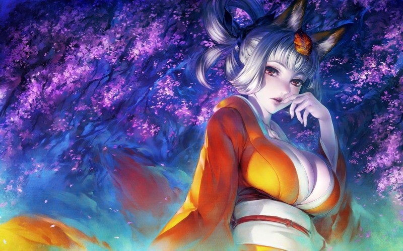 anime, kemonom, inari, female, kongiku, video games, character, kitsunemimi, game, kimono, girl, orange, animal ears, games, oboro muramasa, wearing, 1080P